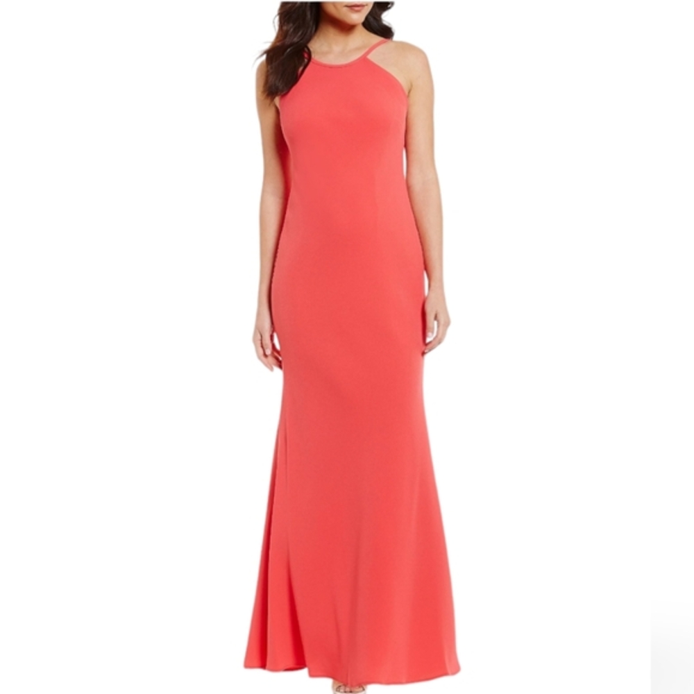 Calvin Klein Gorgeous Goddess WATERMELON Coral Halter‎ long Dress, Size 6 Small